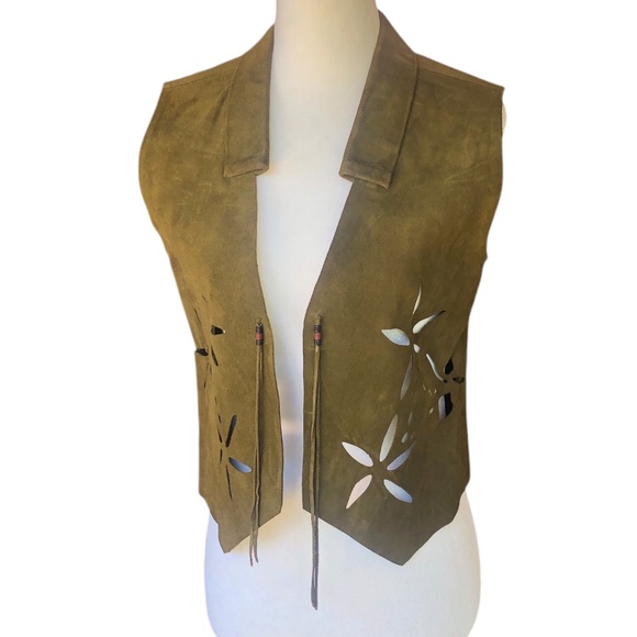 Vintage Jackets & Blazers - Vintage Army Green Suede Vest Fringe Detail and Flower cut outs